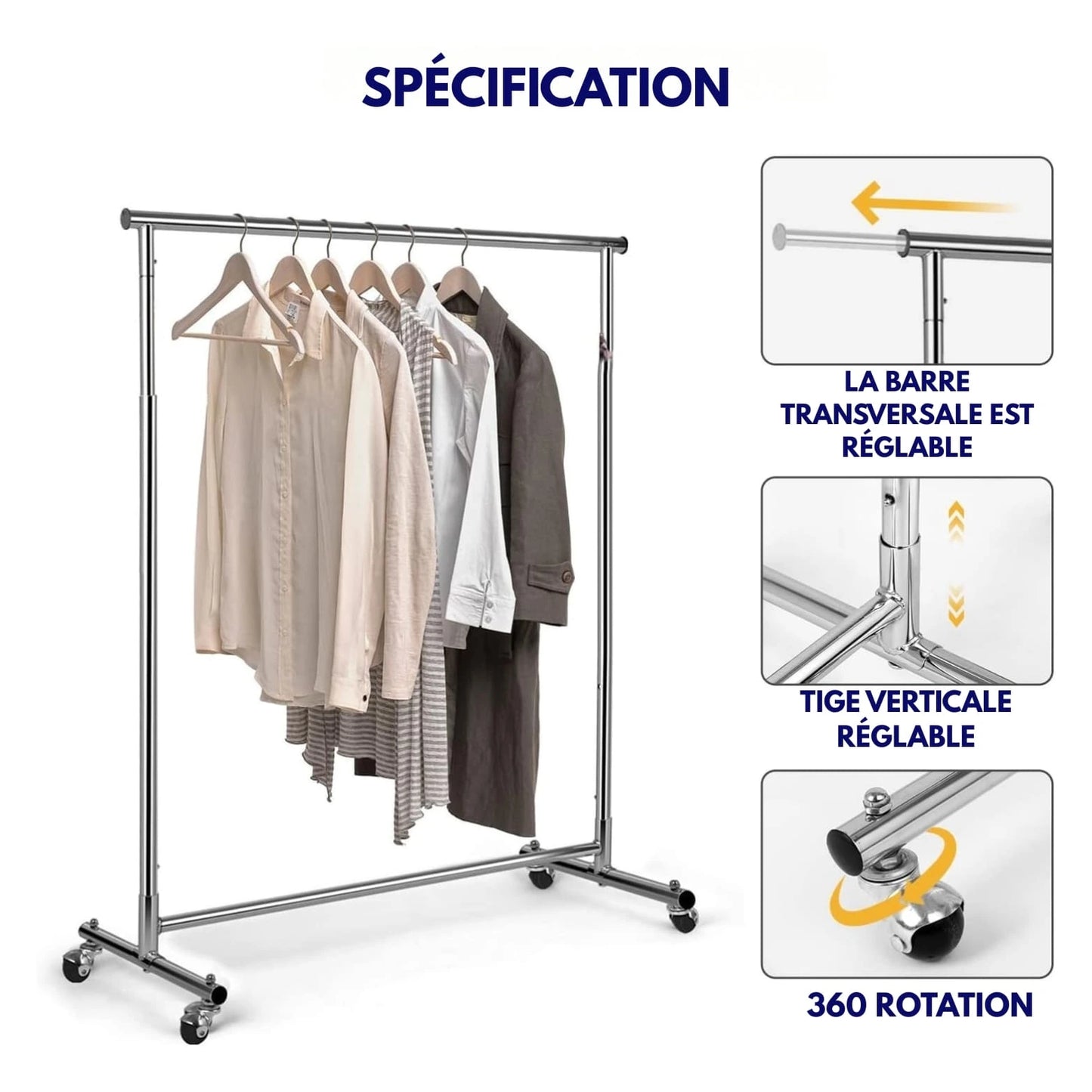 Portant vêtements professionnel métal chromé 70 kg sur roulettes